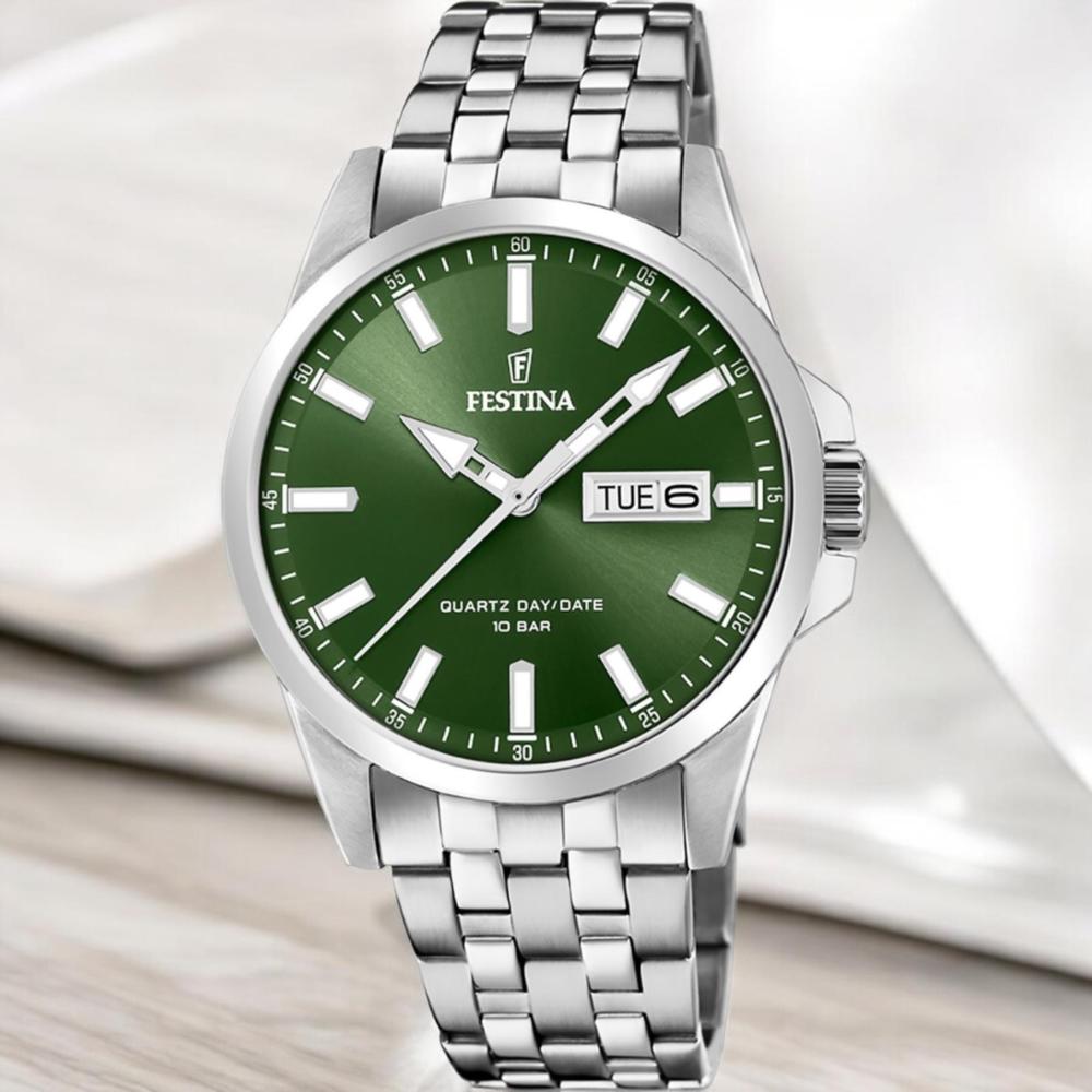 FESTINA Classic Green Dial 41mm Silver Stainless Steel Bracelet F20357/5