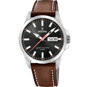 FESTINA Classic Three Hands 41mm Silver Stainless Steel Brown Leather Strap F20358/2 - 6270