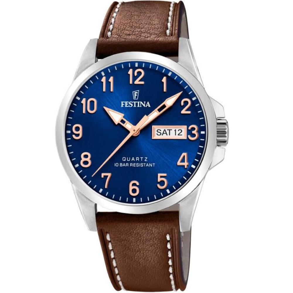 FESTINA Classic Blue Dial 41mm Silver Stainless Steel Brown Leather Strap F20358/B