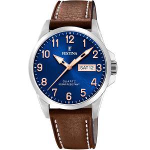 FESTINA Classic Blue Dial 41mm Silver Stainless Steel Brown Leather Strap F20358/B - 36081