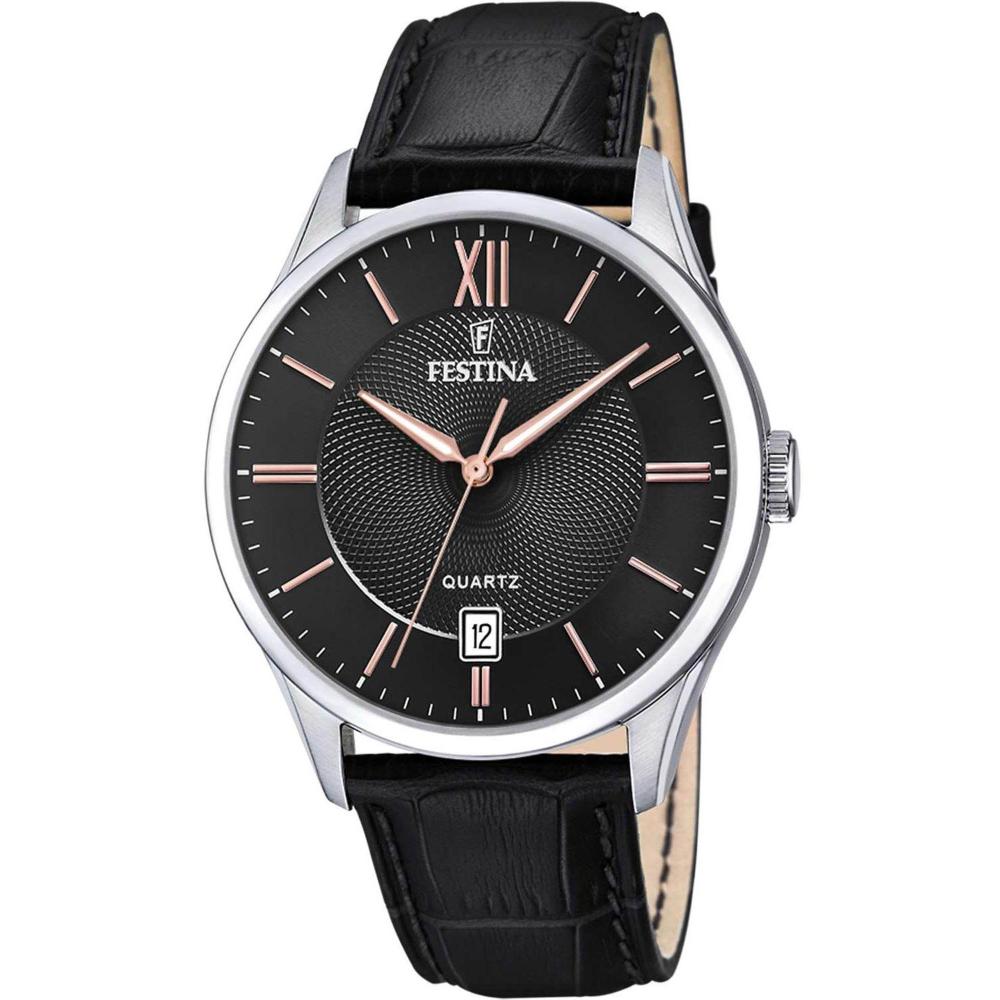 FESTINA Classic Black Rose Gold Dial 43mm Silver Stainless Steel Black Leather Strap F20426/6