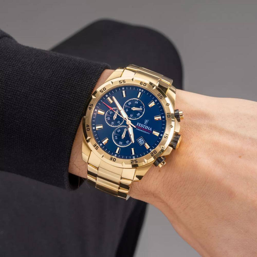 FESTINA Timeless Chronograph Blue Dial 45mm Gold Stainless Steel Bracelet F20541/2