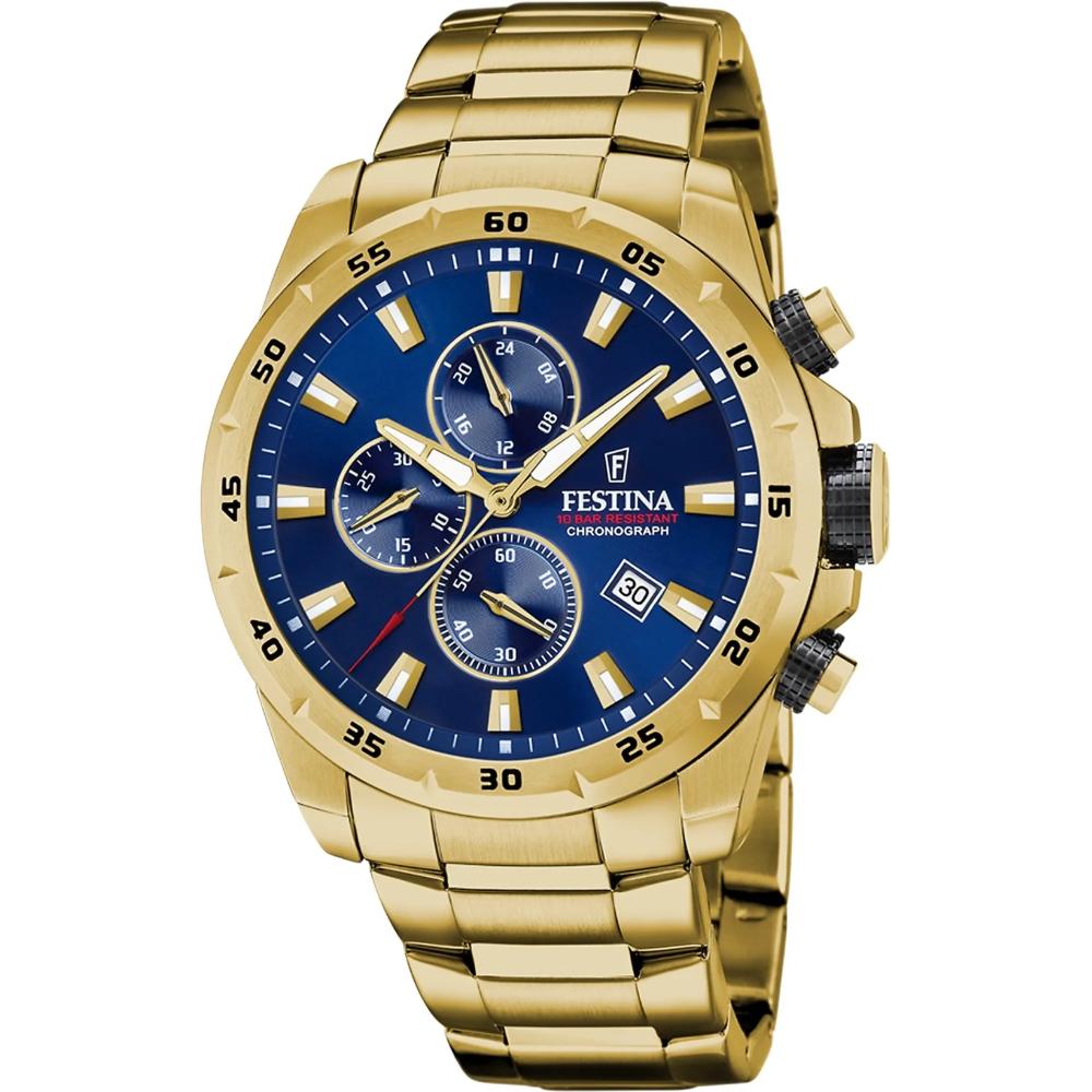 FESTINA Timeless Chronograph Blue Dial 45mm Gold Stainless Steel Bracelet F20541/2