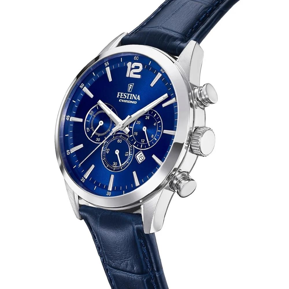 FESTINA Timeless Chronograph Blue Dial 43.5mm Silver Stainless Steel Blue Leather Strap F20542/2