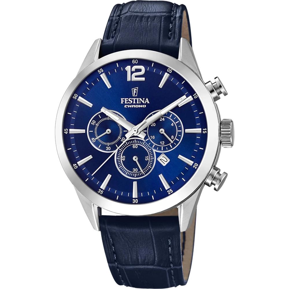 FESTINA Timeless Chronograph Blue Dial 43.5mm Silver Stainless Steel Blue Leather Strap F20542/2