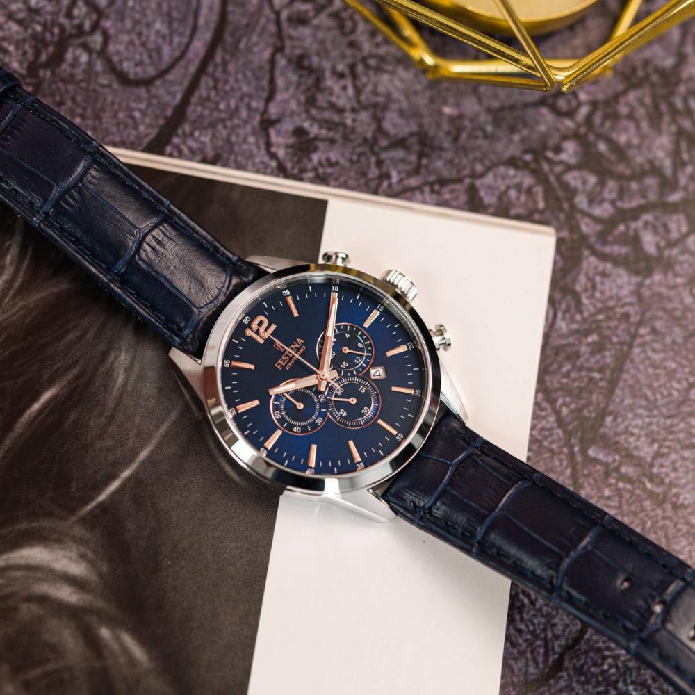 FESTINA Timeless Chronograph Blue Rose Gold Dial 43.5mm Silver Stainless Steel Blue Leather Strap F20542/4