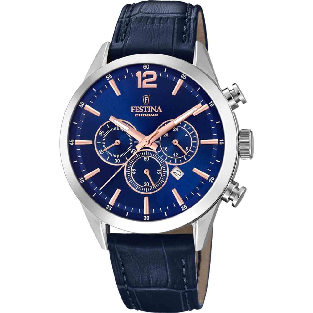 FESTINA Timeless Chronograph Blue Rose Gold Dial 43.5mm Silver Stainless Steel Blue Leather Strap F20542/4