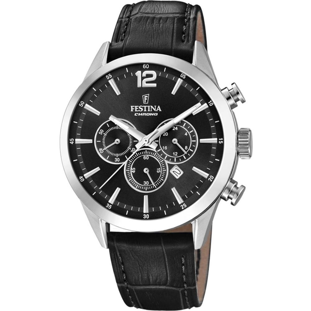 FESTINA Timeless Chronograph Black Dial 43.5mm Silver Stainless Steel Black Leather Strap F20542/5