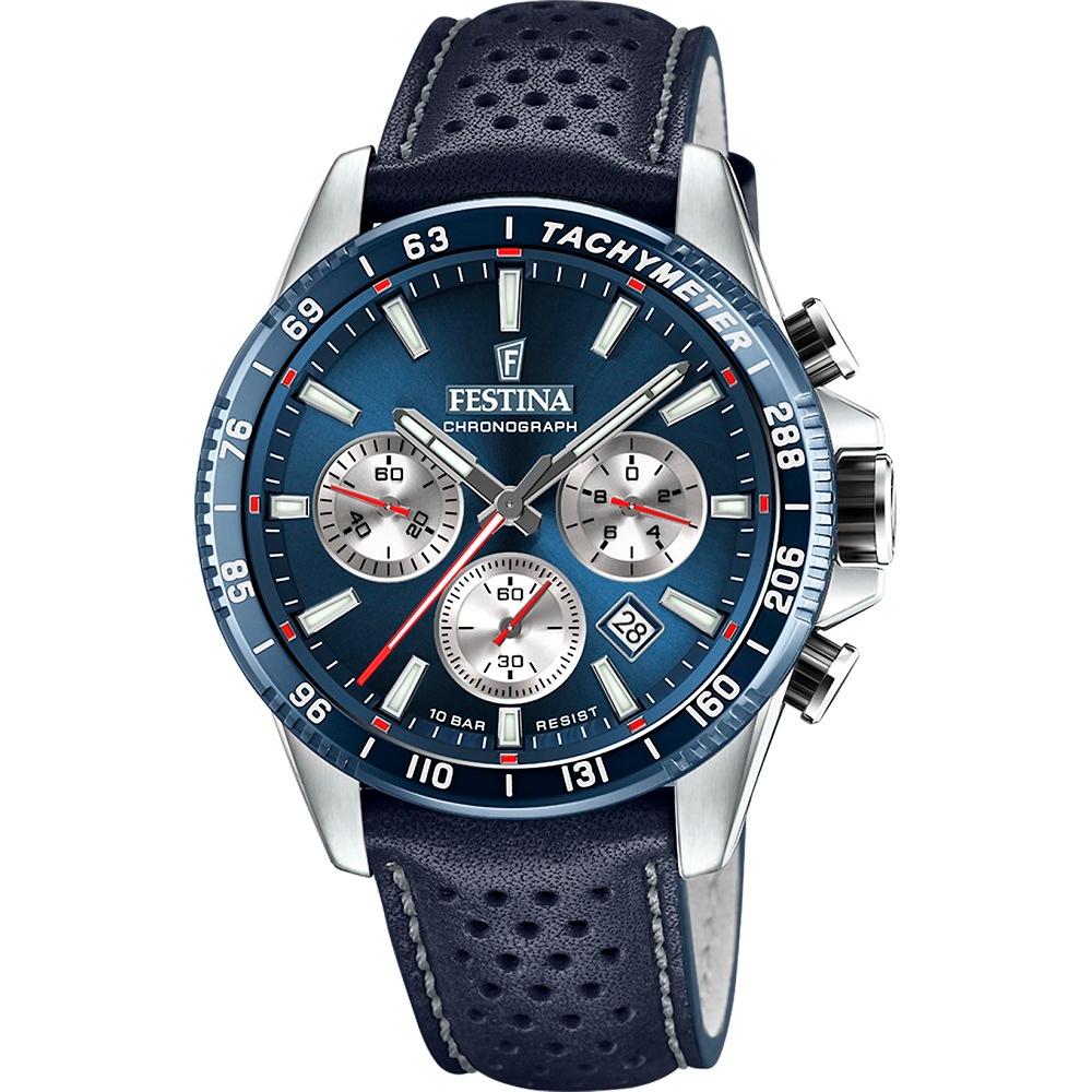 FESTINA Timeless Chronograph Blue Silver Dial 45mm Silver Stainless Steel Blue Leather Strap F20561/2