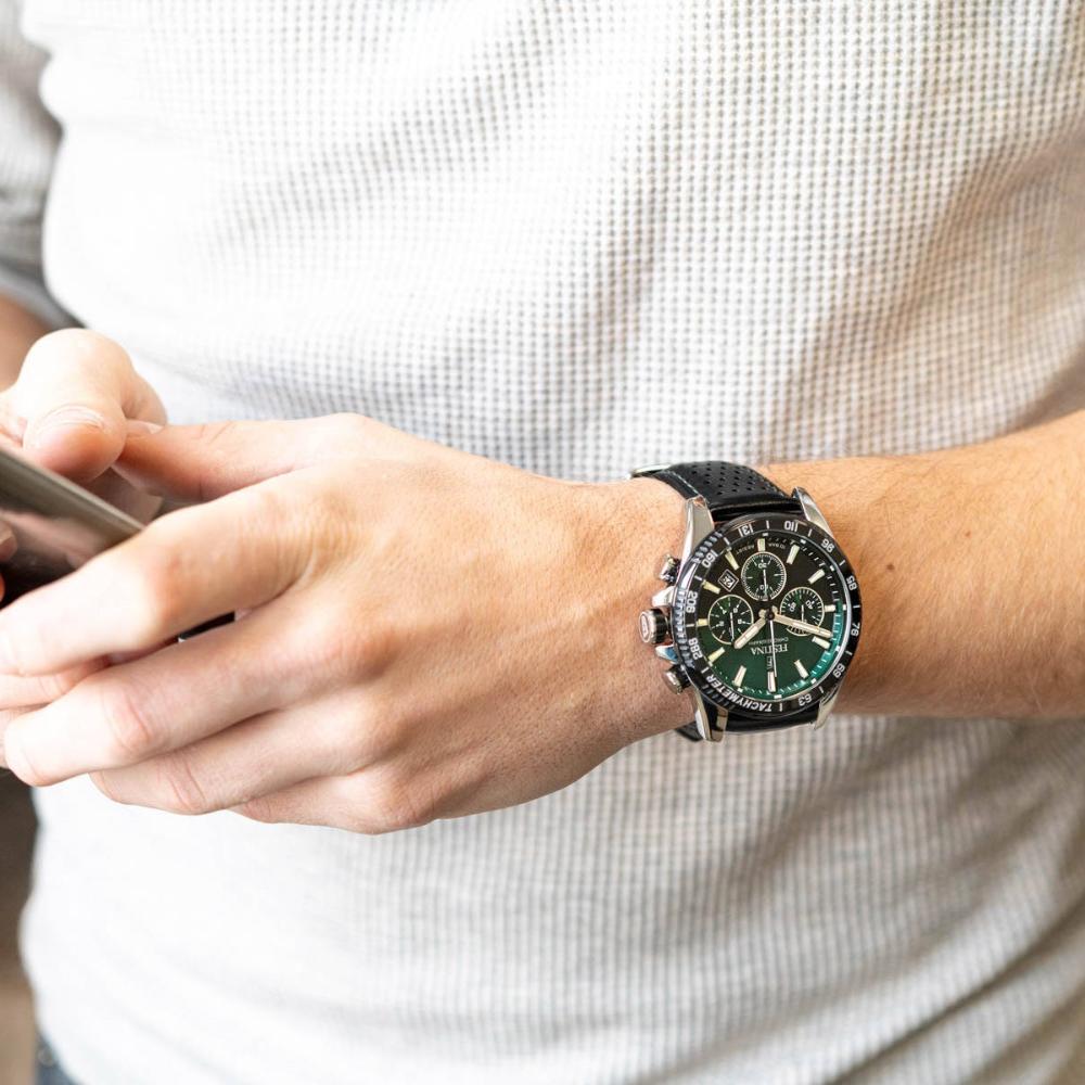 FESTINA Timeless Chronograph Green Dial 45mm Silver Stainless Steel Black Leather Strap F20561/5