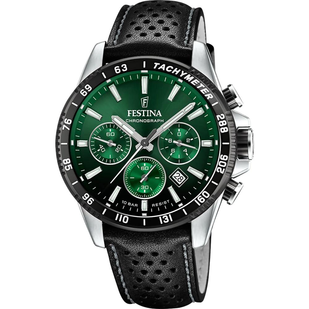 FESTINA Timeless Chronograph Green Dial 45mm Silver Stainless Steel Black Leather Strap F20561/5