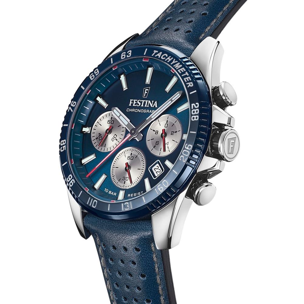 FESTINA Timeless Chronograph Blue Silver Dial 45mm Silver Stainless Steel Blue Leather Strap F20561/2