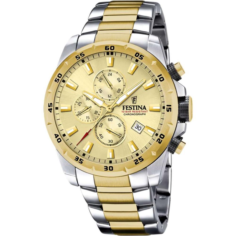 FESTINA Timeless Chronograph Gold Dial 45mm Two Tone Gold Stainless Steel Bracelet F20562/1