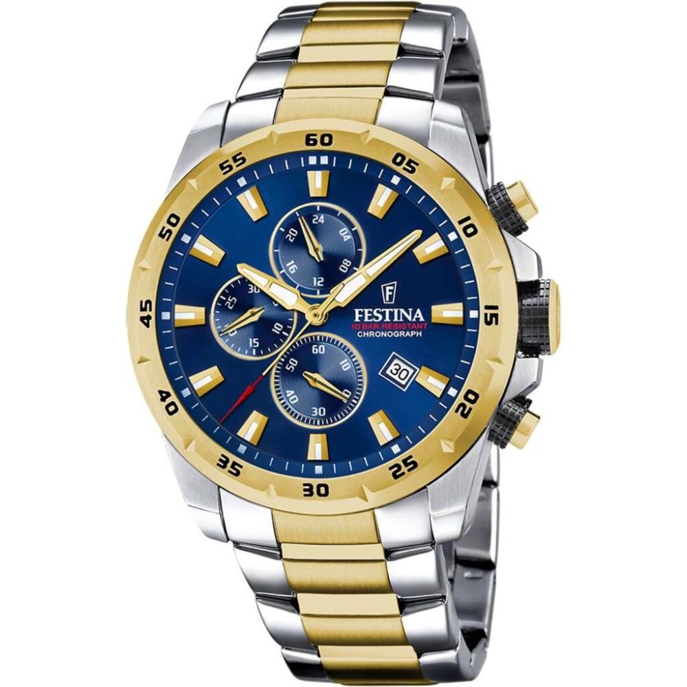 FESTINA Timeless Chronograph Blue Dial 45mm Two Tone Gold Stainless Steel Bracelet F20562/2