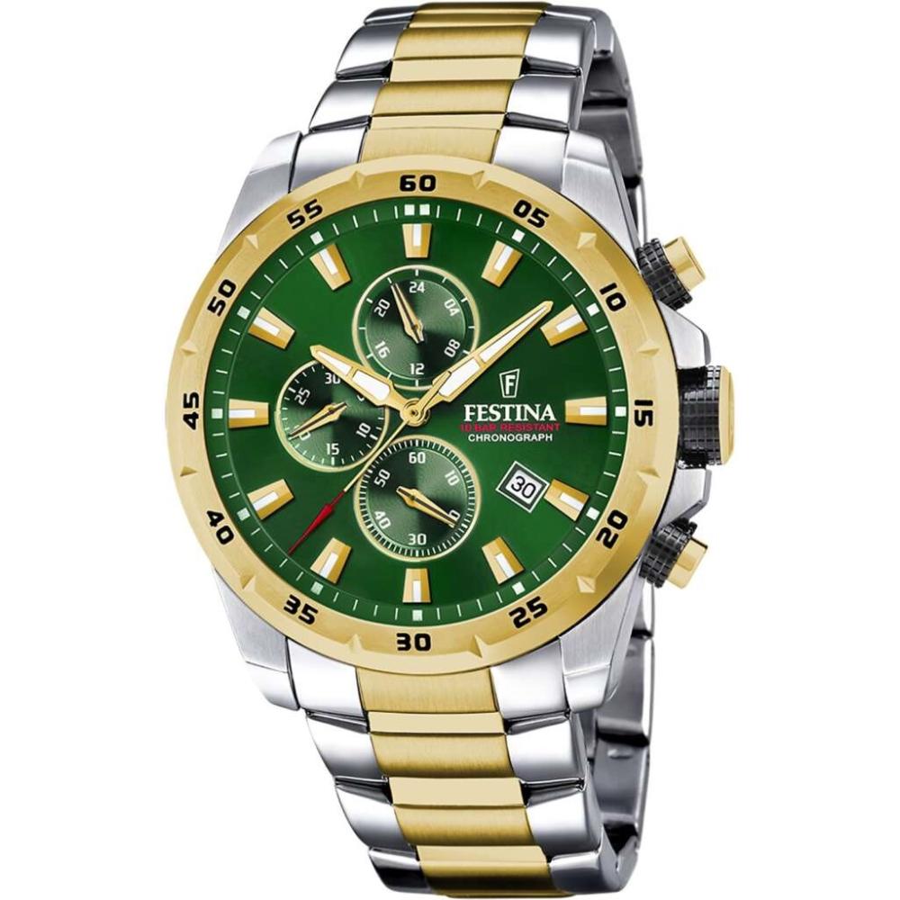 FESTINA Timeless Chronograph Green Dial 45mm Two Tone Gold Stainless Steel Bracelet F20562/3