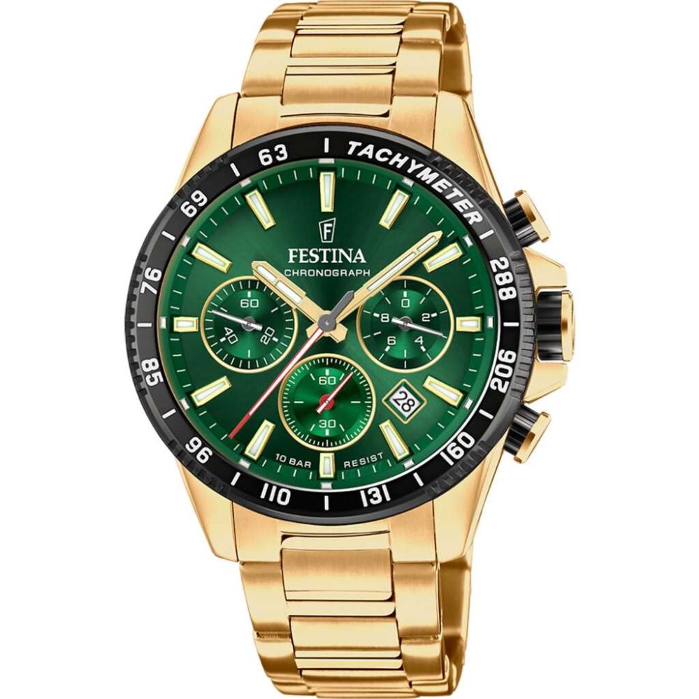 FESTINA Timeless Chronograph Green Dial 45mm Gold Stainless Steel Bracelet F20634/4