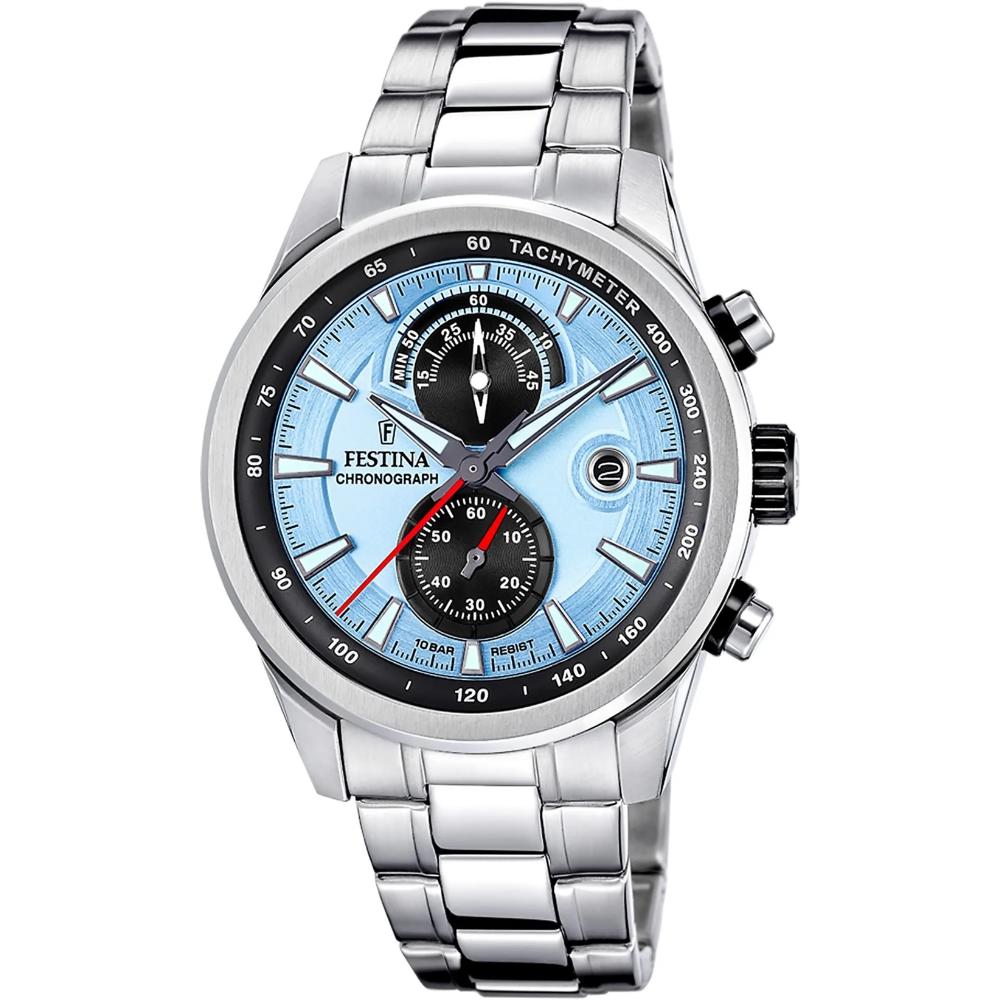 FESTINA Classics Chronograph Light Blue Dial 44mm Silver Stainless Steel Bracelet F20694/2