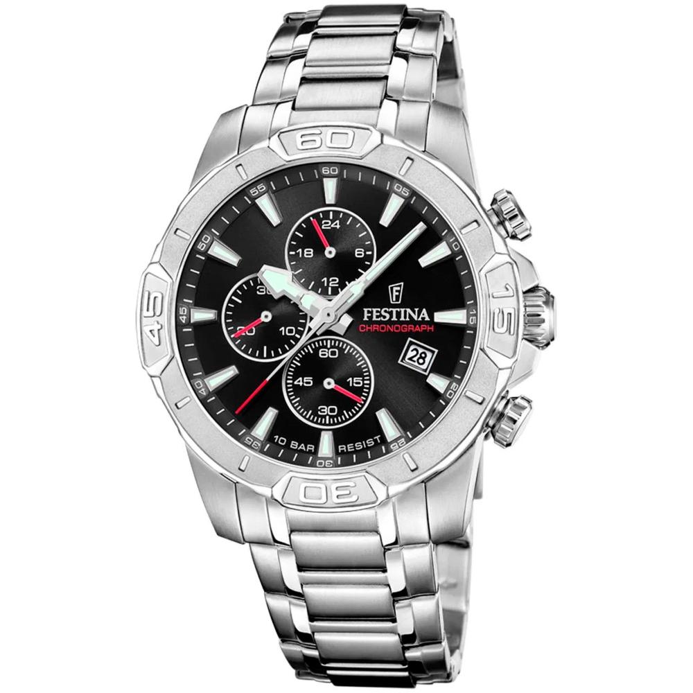 FESTINA Timeless Chronograph Black Dial 45mm Silver Stainless Steel Bracelet F20704/3