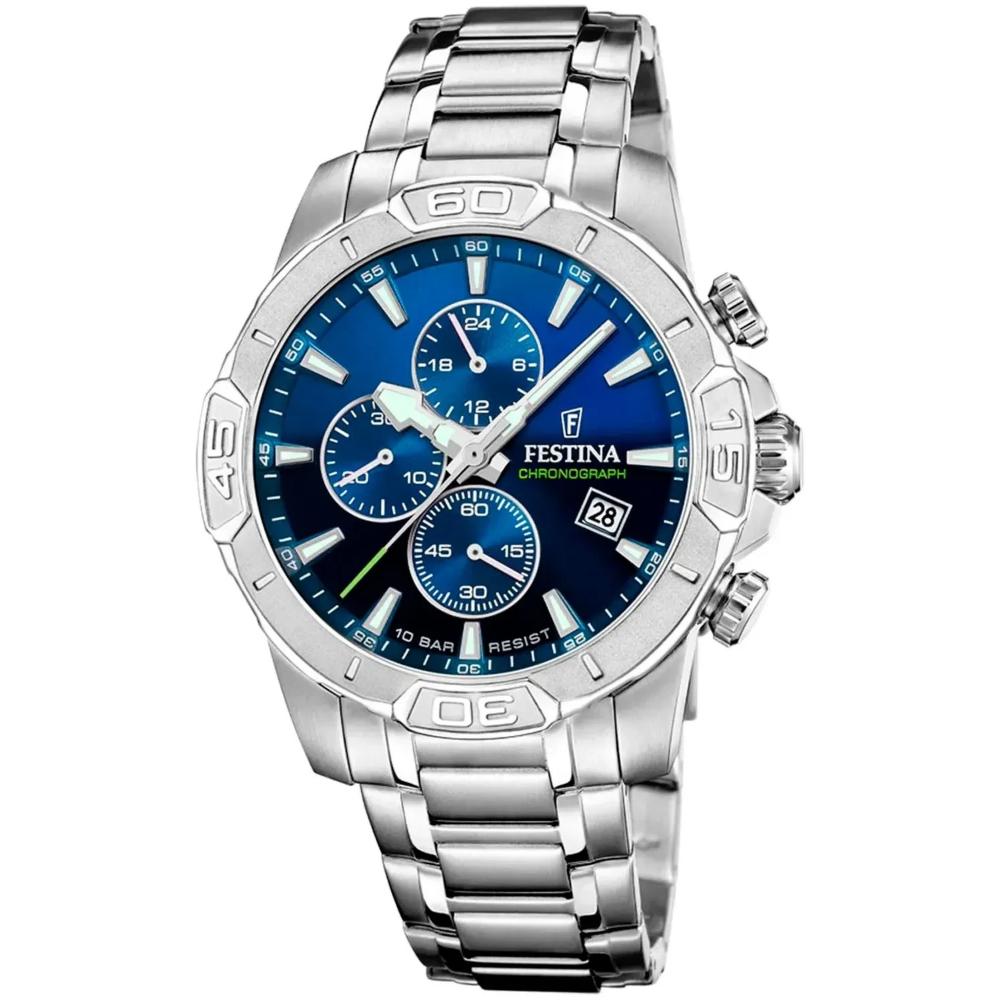 FESTINA Timeless Chronograph Blue Dial 45mm Silver Stainless Steel Bracelet F20704/4