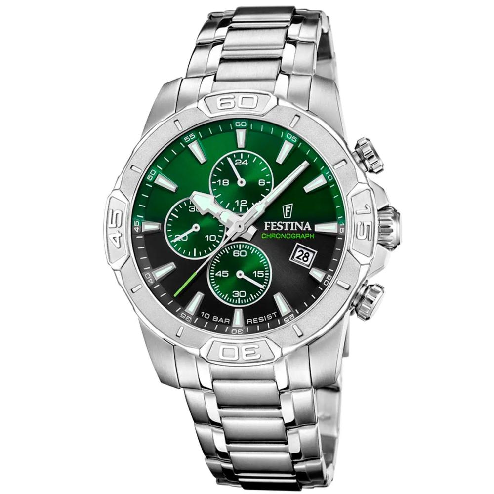 FESTINA Timeless Chronograph Green Dial 45mm Silver Stainless Steel Bracelet F20704/5