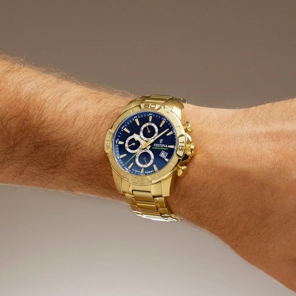 FESTINA Timeless Chronograph Blue Dial 45mm Gold Stainless Steel Bracelet F20705/5