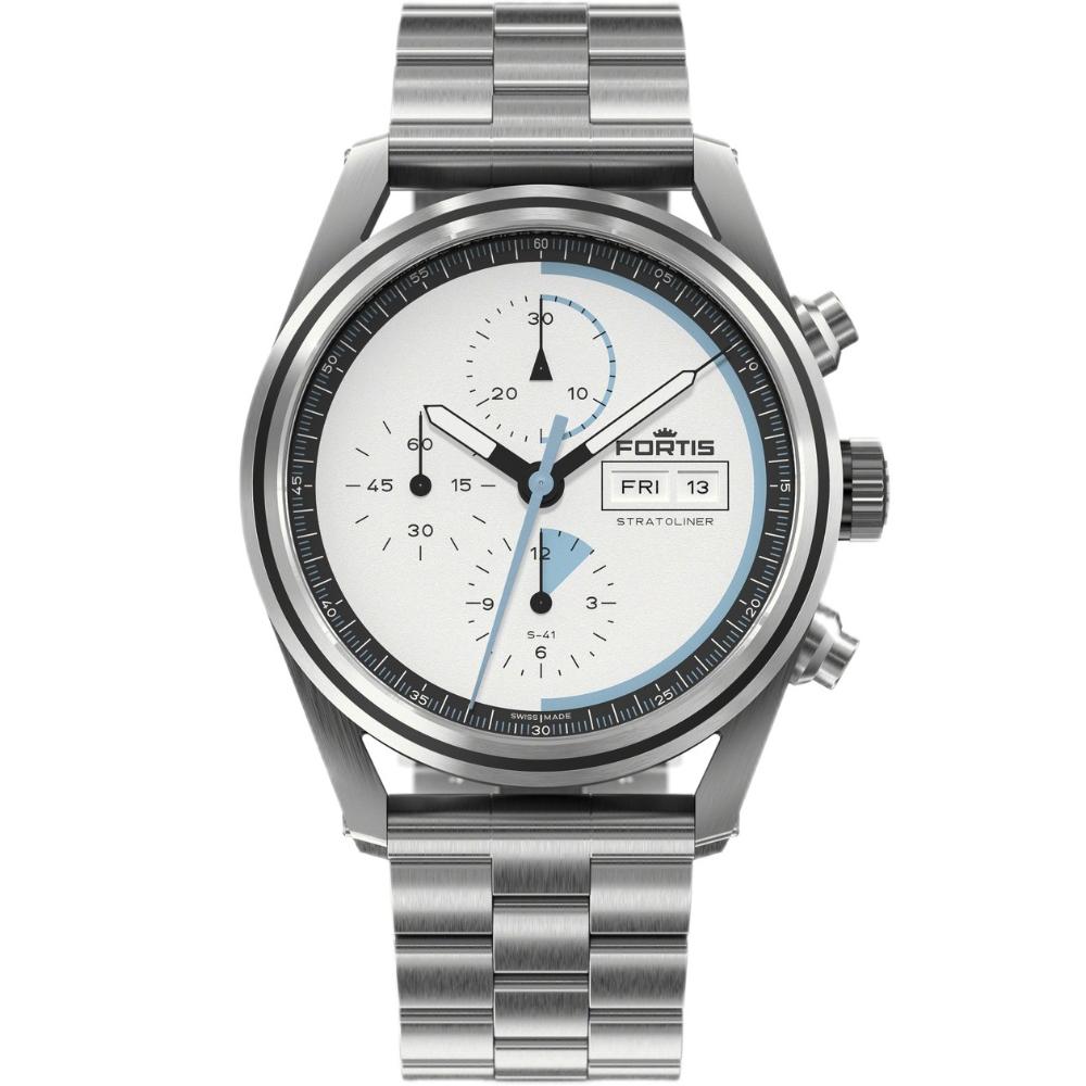 FORTIS Stratoliner S-41 Chronograph Automatic White Dust Dial 41mm Silver Stainless Steel Bracelet F2340006