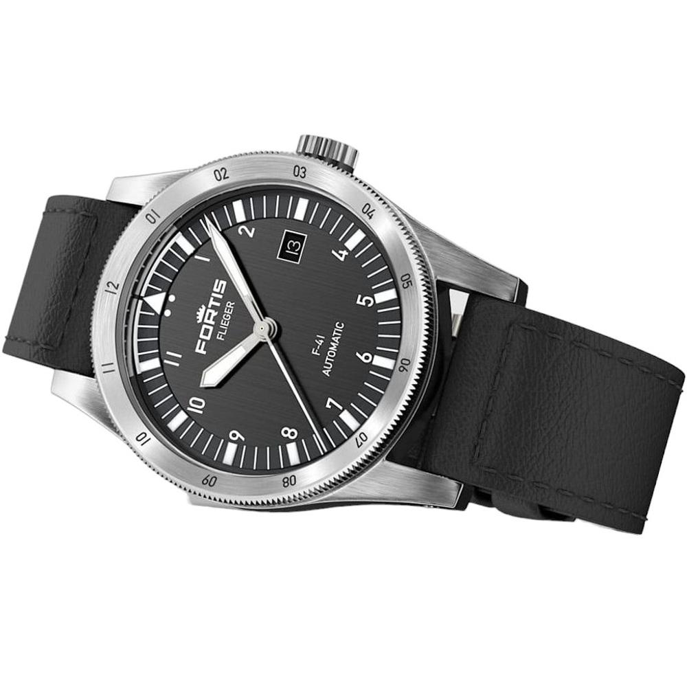 FORTIS Flieger F-41 Automatic Black Brushed Dial 41mm Silver Stainless Steel Black Aviator Leather Strap F4220018