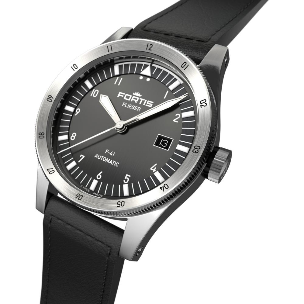 FORTIS Flieger F-41 Automatic Black Brushed Dial 41mm Silver Stainless Steel Black Aviator Leather Strap F4220018
