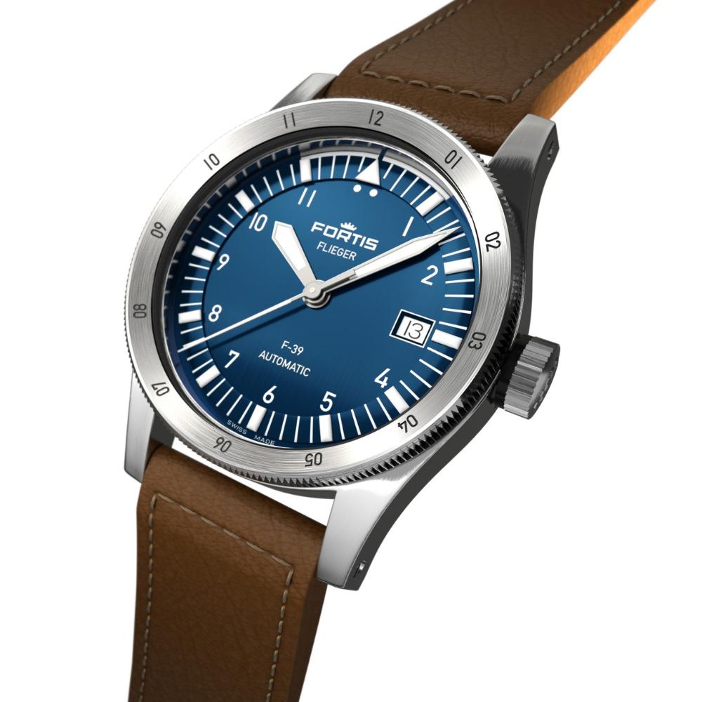 FORTIS Flieger F-39 Automatic Liberty Blue Dial 39mm Silver Stainless Steel Brown Aviator Leather Strap F4220026