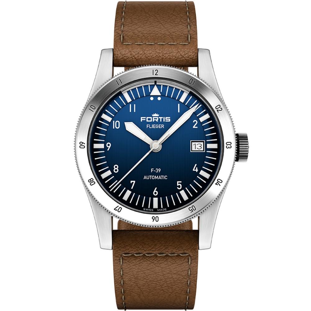 FORTIS Flieger F-39 Automatic Liberty Blue Dial 39mm Silver Stainless Steel Brown Aviator Leather Strap F4220026