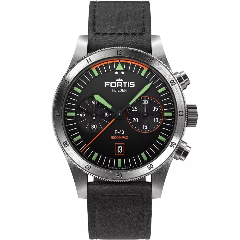 FORTIS Flieger F-43 Bicompax Automatic Black Dial 43mm Silver Stainless Steel Black Aviator Leather Strap F4240005