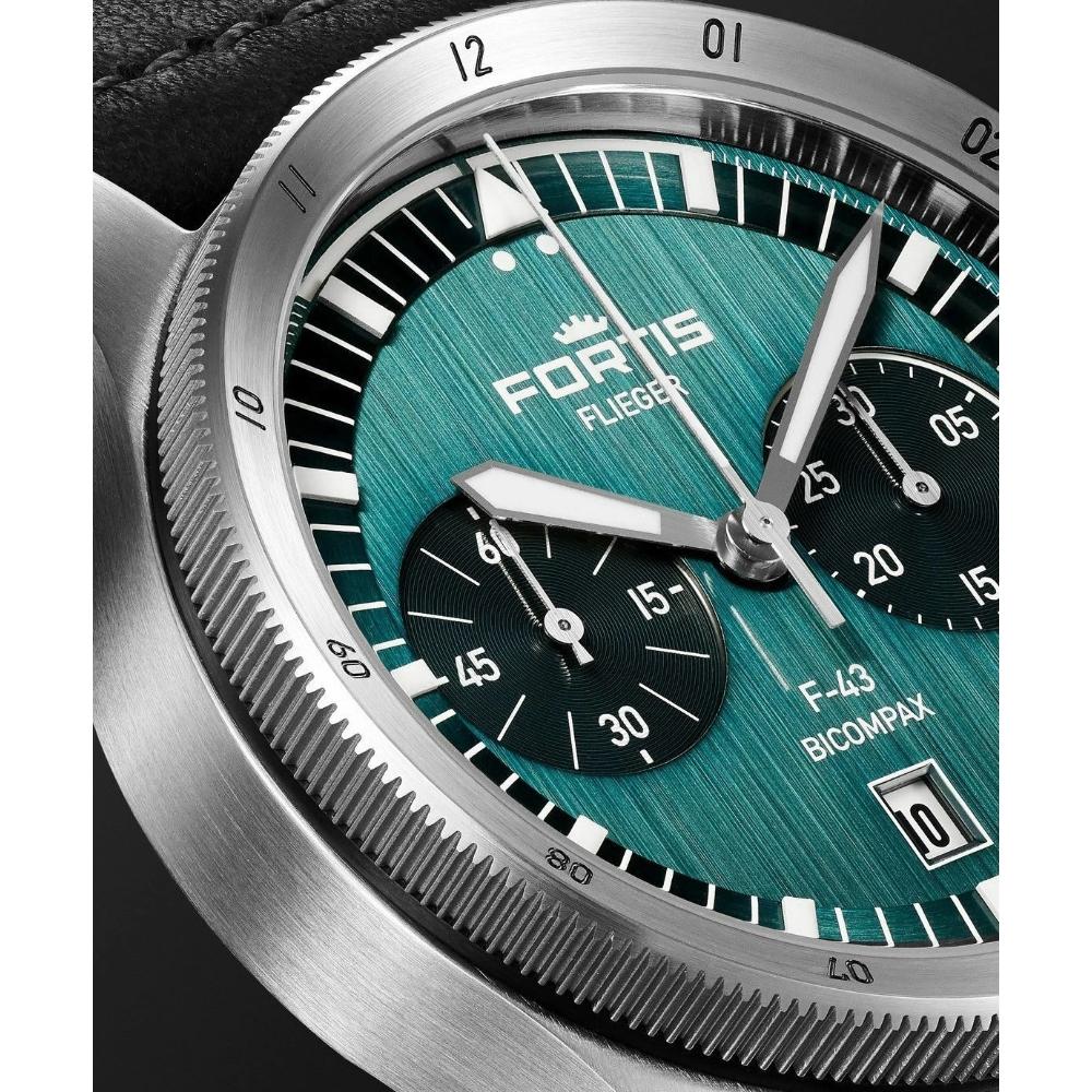 FORTIS Flieger F-43 Bicompax Automatic Petrol Dial 43mm Silver Stainless Steel Gray Aviator Leather Strap F4240009 - 7