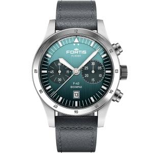 FORTIS Flieger F-43 Bicompax Automatic Petrol Dial 43mm Silver Stainless Steel Gray Aviator Leather Strap F4240009 - 44102