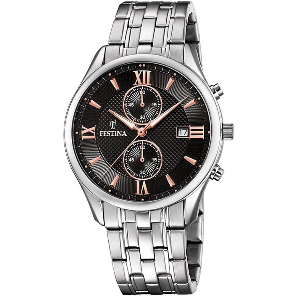 FESTINA Timeless Chronograph Black Rose Gold Dial 42mm Silver Stainless Steel Bracelet F6854/7