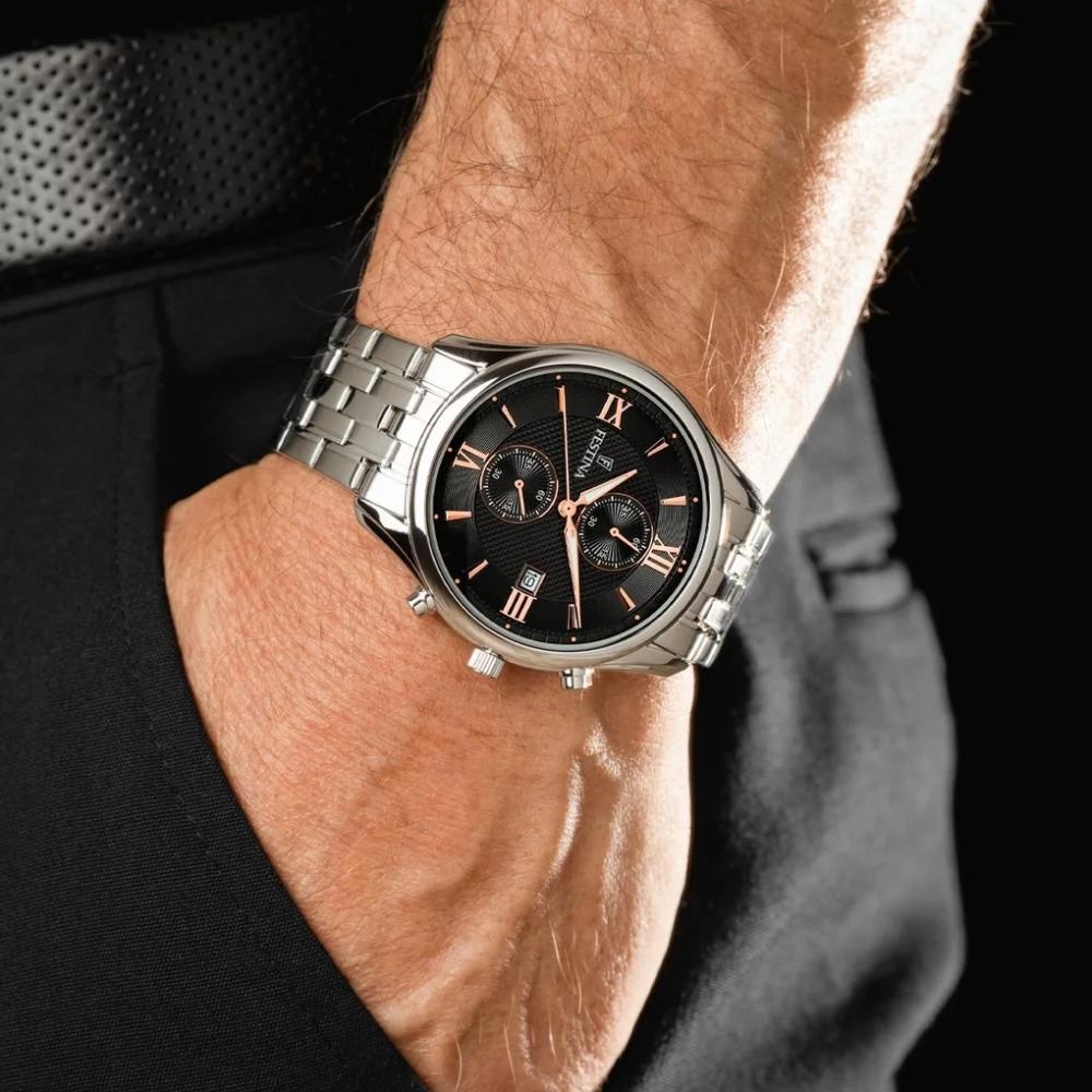 FESTINA Timeless Chronograph Black Rose Gold Dial 42mm Silver Stainless Steel Bracelet F6854/7