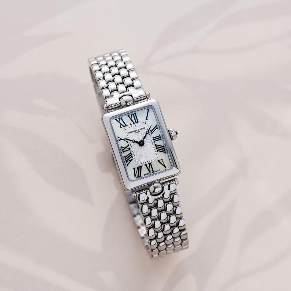 FREDERIQUE CONSTANT Art Deco Carree Quartz White Pearl Dial 28mm Silver Stainless Steel Bracelet FC-200MPW2AC6B