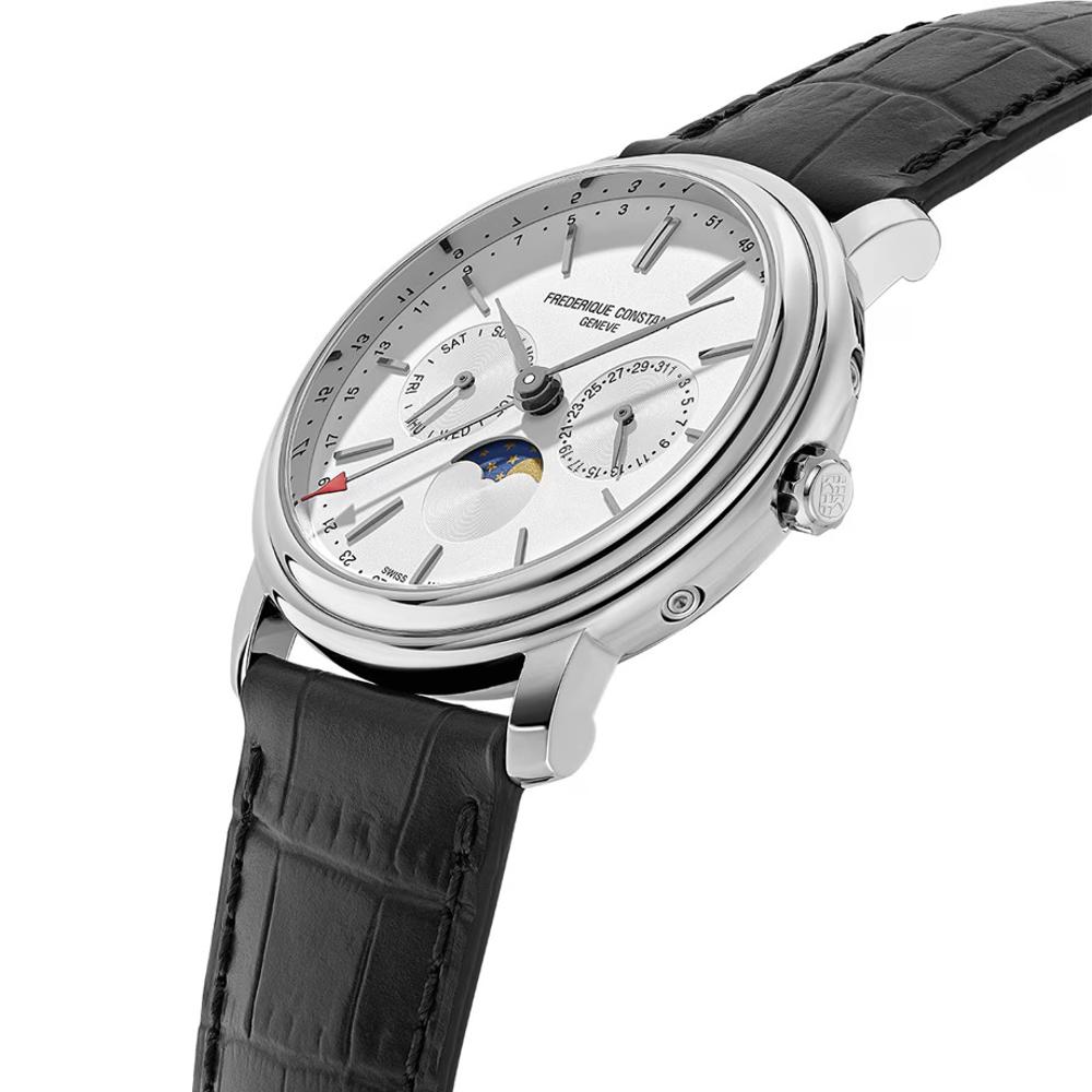 FREDERIQUE CONSTANT Business Timer Moonphase White Dial 40mm Silver Stainless Steel Black Leather Strap FC-270SW4P26