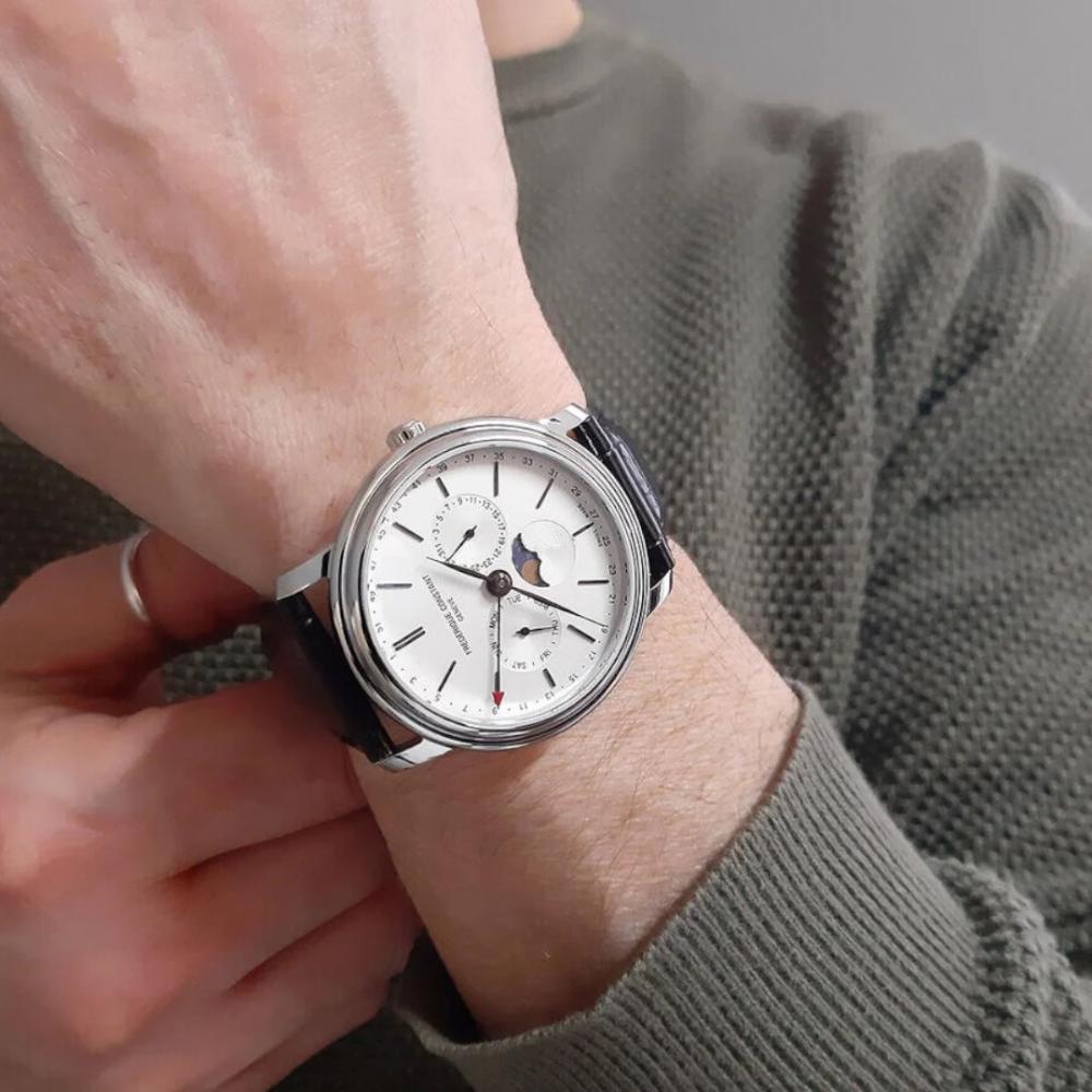 FREDERIQUE CONSTANT Business Timer Moonphase White Dial 40mm Silver Stainless Steel Black Leather Strap FC-270SW4P26