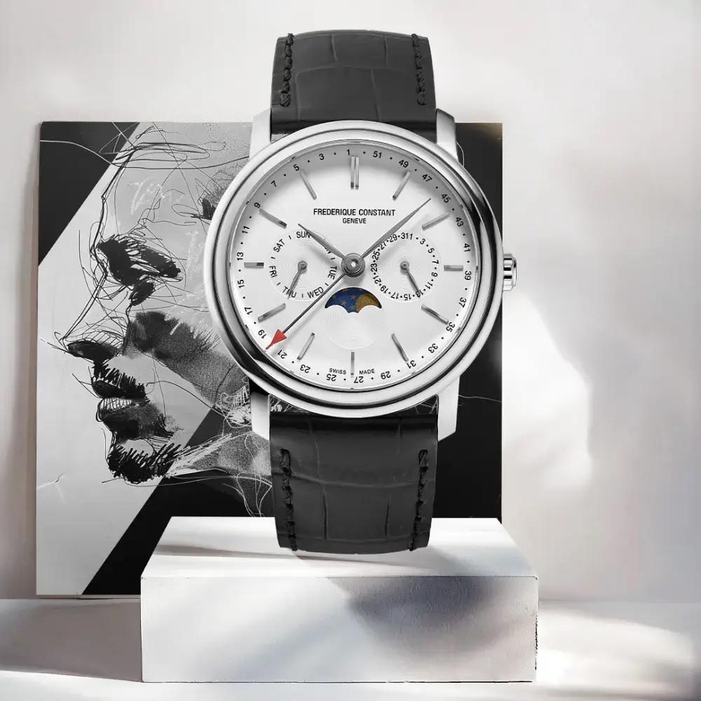 FREDERIQUE CONSTANT Business Timer Moonphase White Dial 40mm Silver Stainless Steel Black Leather Strap FC-270SW4P26 - 6