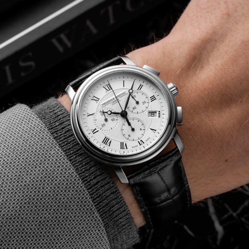 FREDERIQUE CONSTANT Classics Chronograph Quartz White Dial 40mm Silver Stainless Steel Black Leather Strap FC-292MC4P6