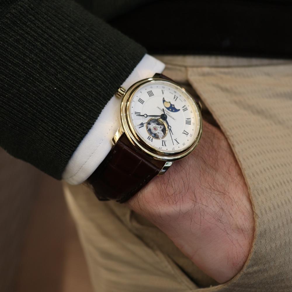 FREDERIQUE CONSTANT Heart Beat Moonphase Date Automatic White Dial 40mm Gold Stainless Steel Brown Leather Strap FC-335MC4P5