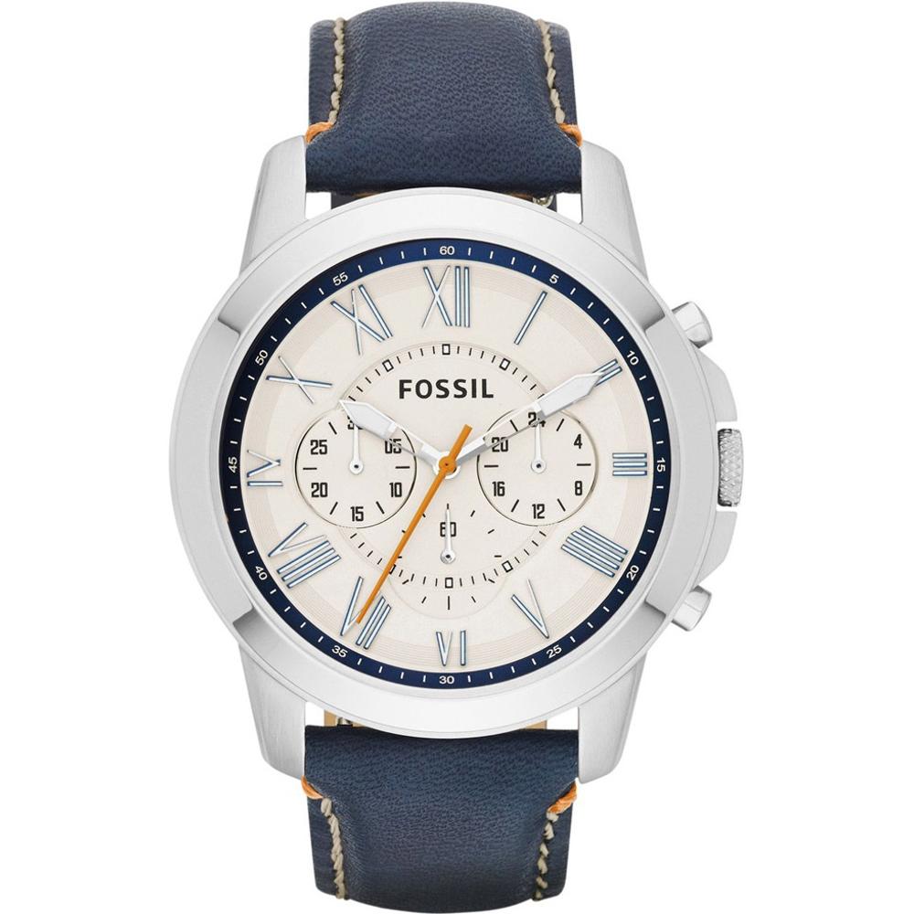 FOSSIL Grant Chronograph 44mm Silver Stainless Steel Blue Leather Strap FS4925