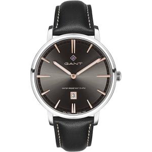 GANT Naples Two Hands 42mm Silver Stainless Steel Black Leather Strap G109003 - 10358