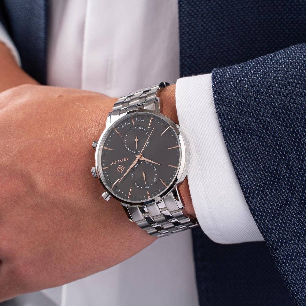 GANT Park Hill Day-Date II Grey Rose Gold Dial 43.5mm Silver Stainless Steel Bracelet G121004