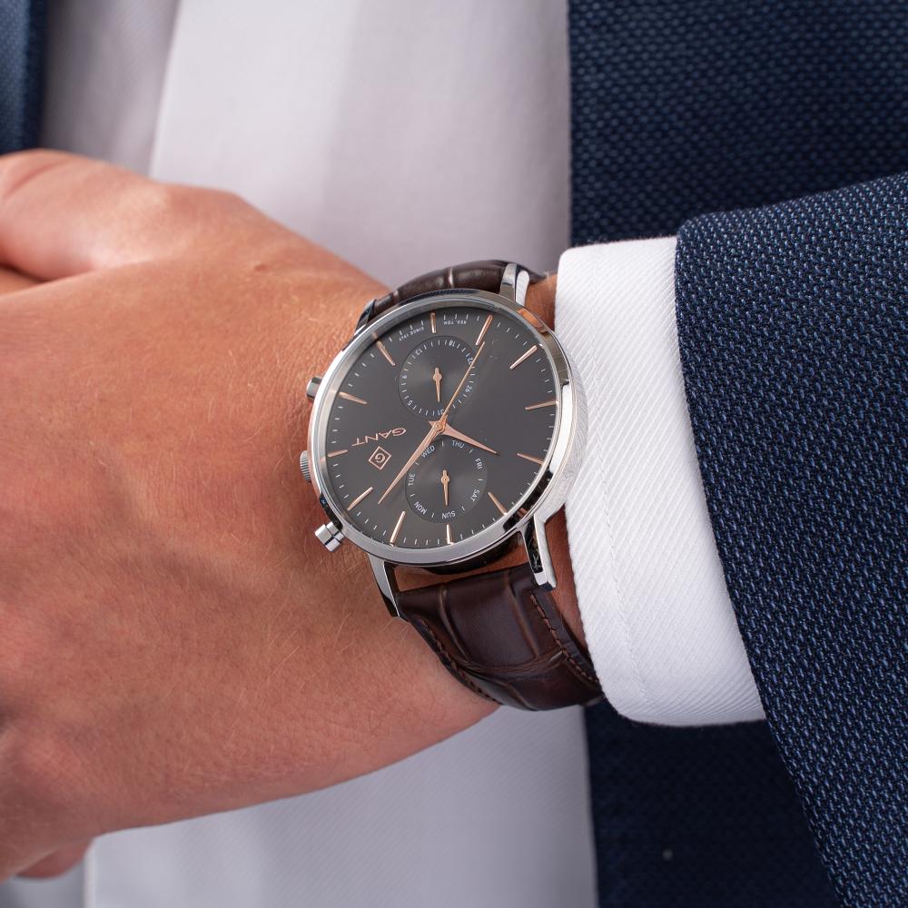 GANT Park Hill Day-Date II 43.5mm Silver Stainless Steel Brown Leather Strap G121007