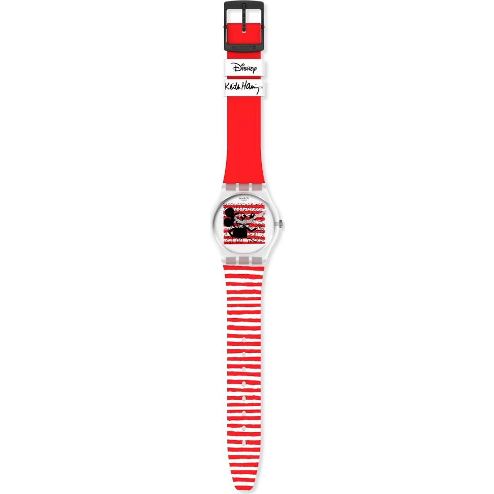 SWATCH Mouse Mariniere Three Hands 34mm Two Tone Red & White Strap GZ352 - 2