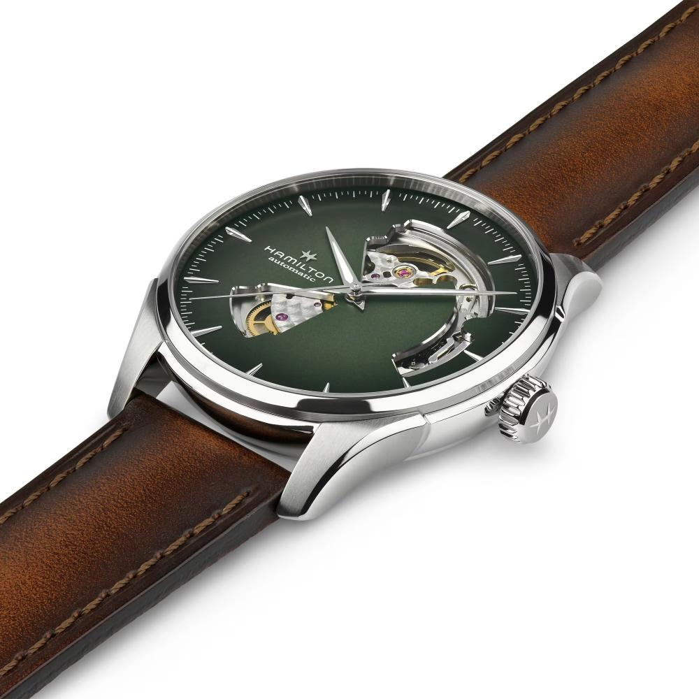 HAMILTON Jazzmaster Open Heart Auto Green Dial 40mm Silver Stainless Steel Brown Leather Strap H32675560