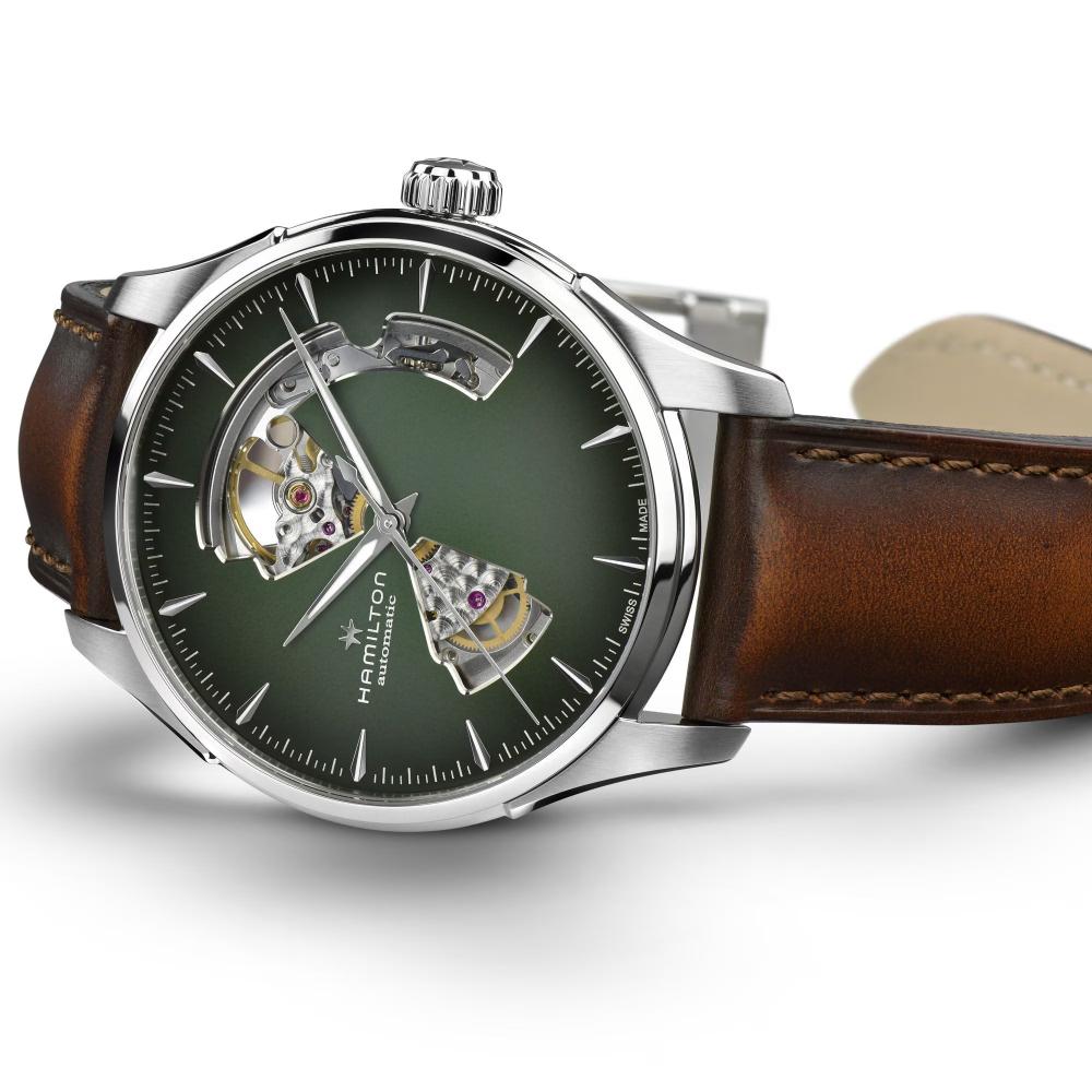 HAMILTON Jazzmaster Open Heart Auto Green Dial 40mm Silver Stainless Steel Brown Leather Strap H32675560