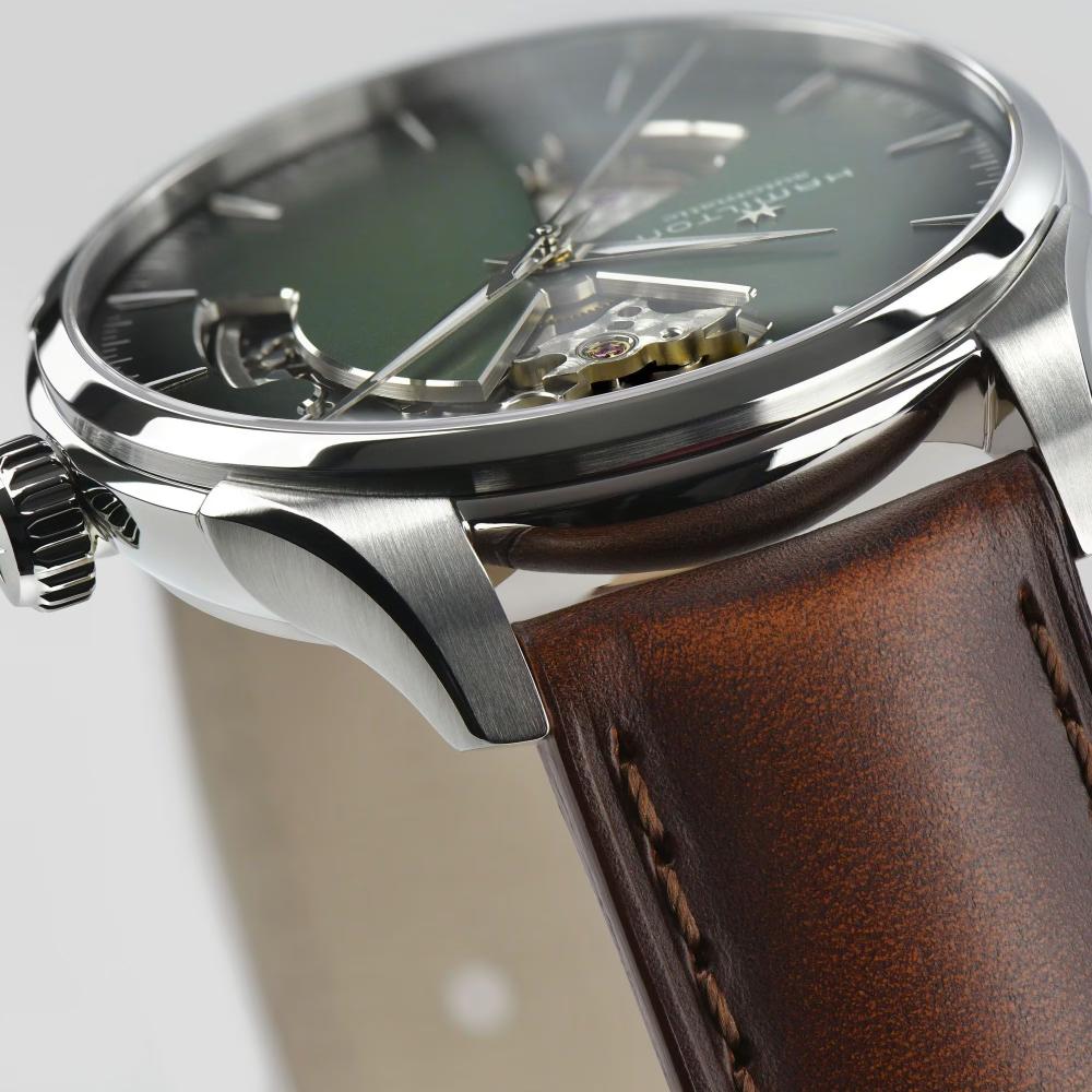 HAMILTON Jazzmaster Open Heart Auto Green Dial 40mm Silver Stainless Steel Brown Leather Strap H32675560