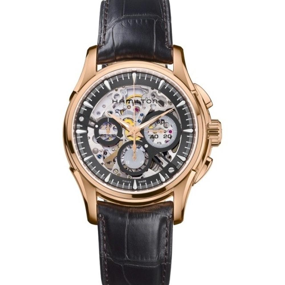 HAMILTON Jazzmaster Skeleton Chronograph 42mm Rose Gold Stainless Steel Brown Leather Strap H32686791